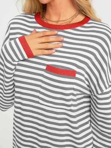 Image of LILLUSORY Womens Striped Soft Knit Pullover Sweater Loose Fit Shirts with Chest Pocket