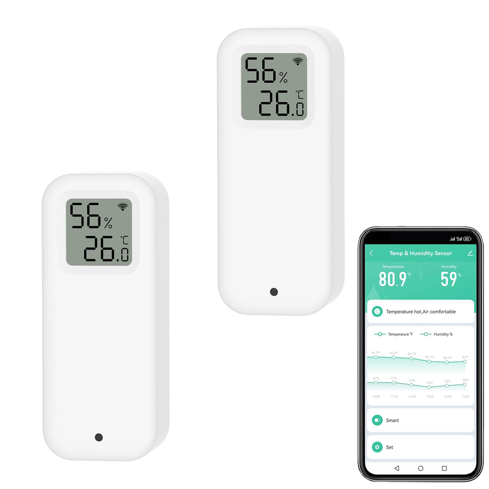 Termometro Igrometro Intelligente Digitale, Sensore di Temperatura e Umidità WiFi con Fodera Magnetica Autoadesiva, Sensore di Temperatura di Calibrazione con Notifiche dell'App.Compatibile Alexa.2PCS