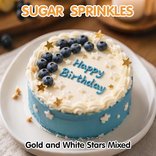 Image of Edible Star Sugar Sprinkles,Gold and White Mix Size,130g,Candy Star Sprinkle for Cake Decorations and Cupcake Toppers, Ice Cream,Wedding Party Decorations