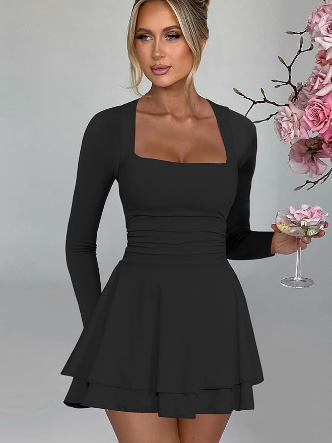 Ranfare Women's Sexy Party Dresses for Women Bodycon Midi Dresses Elegant Mesh Long Sleeve Ruffle Hem Cocktail Party Dress - Image 4