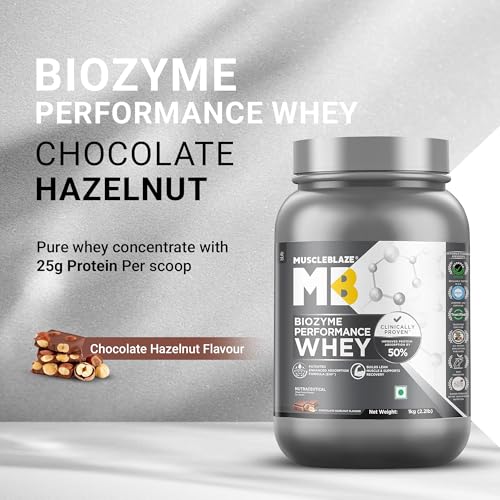 Image of MuscleBlaze Biozyme Performance Whey Protein Powder, Chocolate Hazelnut (1kg / 2.2lbs) | 25g Protein Per Scoop | Clinically Tested 50% Higher Protein Absorption