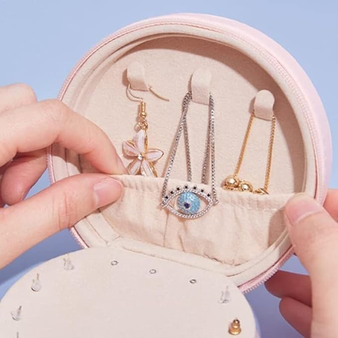 Image of Round Portable Travel Jewelry Case Storage Mini Box, Small Mirror Earrings, Necklace, Jewelry, Ring Cosmatic Organizer Storage Holder Boxes.