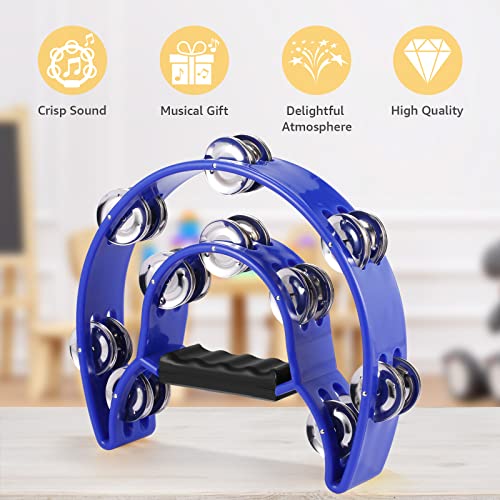 Double Row Tambourine, 2 Pack 10 Inch Tambourine For Adult, Half Moon Musical Instrument With 20 Metal Jingles, Hand Held Drum Percussion For Party, Church, Ktv, Rose Red & Blue #TOP17