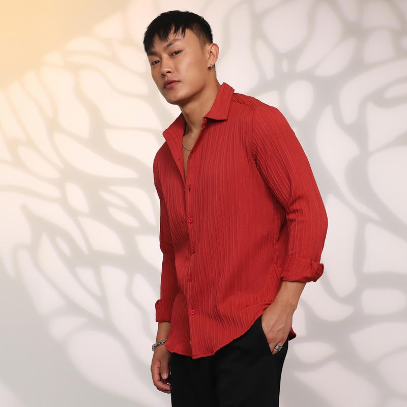 Image of CAHOOT Men's Veined-Textured Shirt | Casual Wear | Spread Collar | Long Sleeve | Button Closure | Shirt Crafted with Comfort Fit for Everyday Wear
