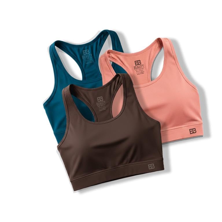 Image of BOLD & BEAUTY Women Cotton Blend Sports Bra with U-Neck, Racerback Style and Regular Straps for Workout, Yoga & Training (Pack of 3)