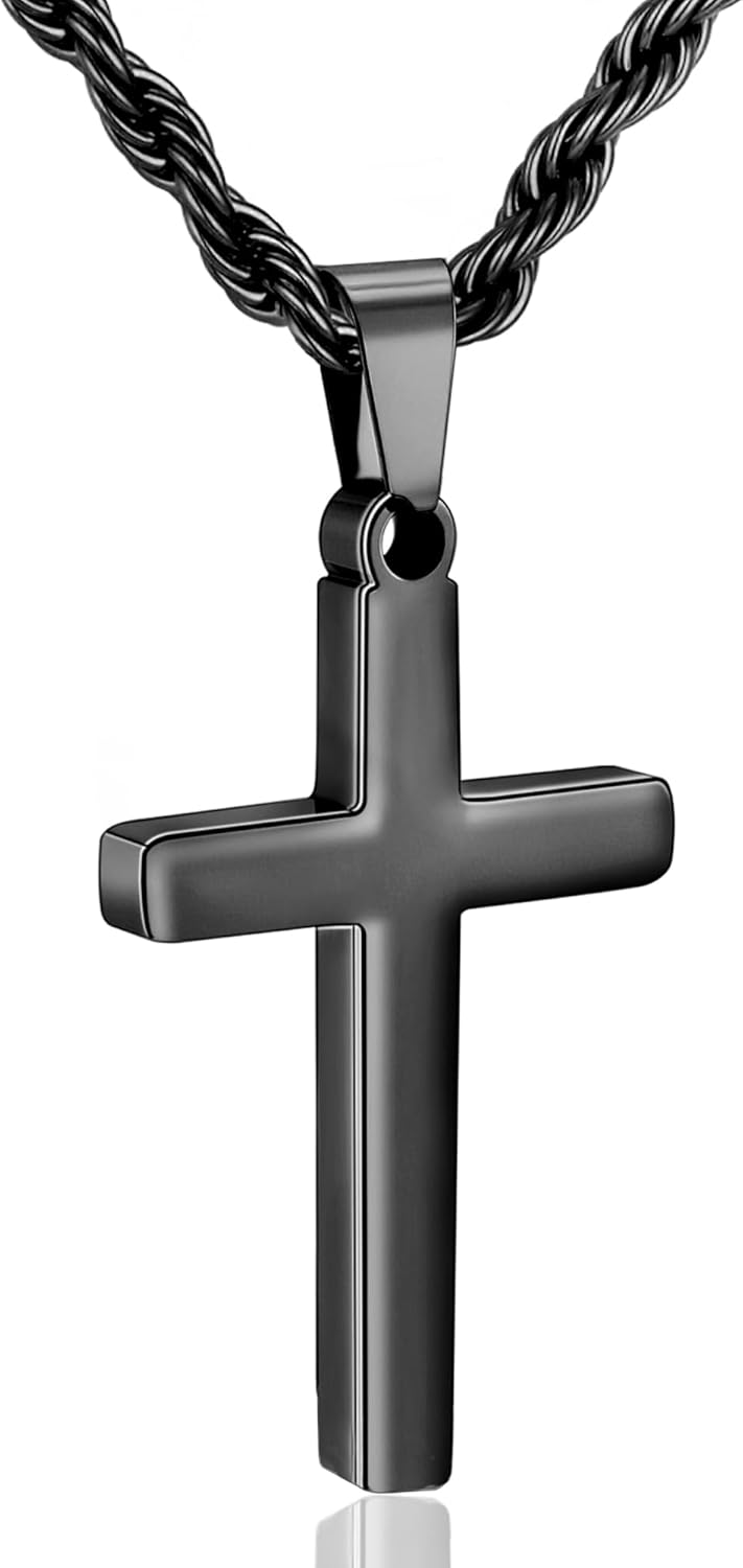 Easter Gifts for Kids Teens Stainless Steel Cross Necklace for Boys Mens Twisted Rope Chain Cross Pendant Rustproof Necklace for Teen Boy Mens Christian Baptism Gifts