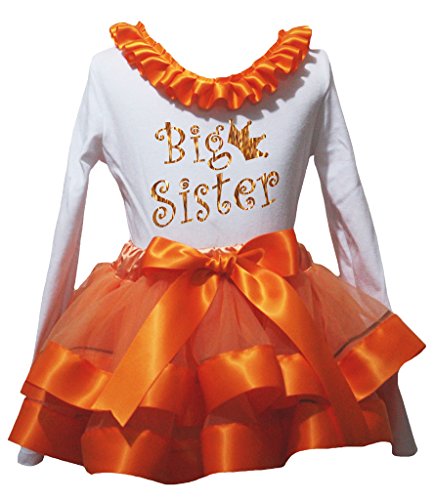 Camiseta Bling Big Sister blanca y falda naranja de pétalos para fiestas infantiles