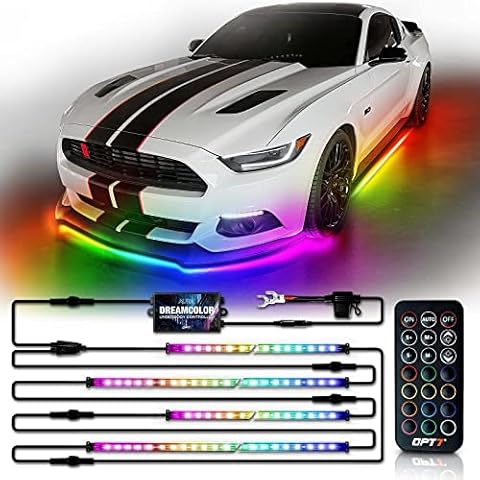 OPT7 Aura DreamColor Underglow Chasing Light Kit with APP & Remote Control, 4 PCS Flexible RGBIC LED Light Strips, Exterior Neon Accent Underbody Lights for Car Truck RV, Multi Colors Music Mode, 12V Cover