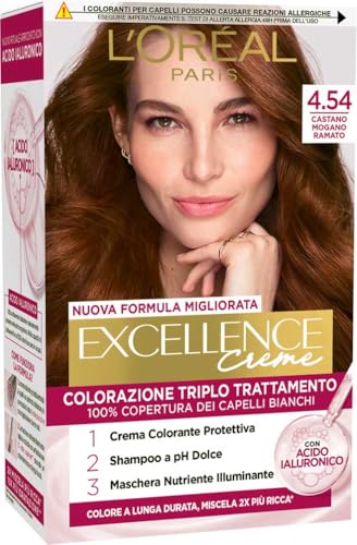 L’Oréal Paris Colorazione Triplo Trattamento Excellence, Con Acido Ialuronico, 100% Copertura Capelli Bianchi, Per Capelli Più Idratati, Castano Mogano Ramato (4,54)