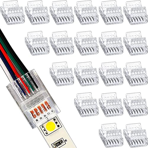RUNCCI-YUN 20 stuks ledstripconnector, 5-polig, 12 mm, led soldeervrije stripverbinder, 5-pins verbindingskabel, connector, voor 12 mm breedte SMD 5050 RGBW ledstrip, 5 V, 12 V, 24 V (transparant)