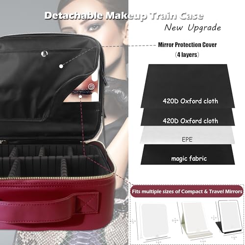 Image of MOMIRA Travel Makeup Bag Cosmetic Bag Makeup Organizer Bag with Lighted Mirror, Adjustable Brightness in 3 Color Scenarios, Waterproof Makeup Train Case, Gift for Women - Wine Red(Woven)
