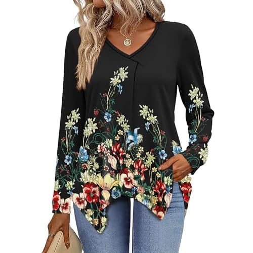 Rapbin Long Sleeve Womens Tops V Neck Casual Tunic Tops Basic Pleated Flowy Asymmetrical Hem Shirts Loose Fit 2025 M-3XL Black Big Floral Large