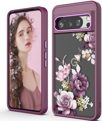 Image of DagoRoo for Pixel 8 Pro Case, Google 8 Pro [Military Grade Protective] Slim Soft TPU & Hard PC, Girls Women Crystal Clear Flower Pattern Cases for Google Pixel 8 Pro -Purple