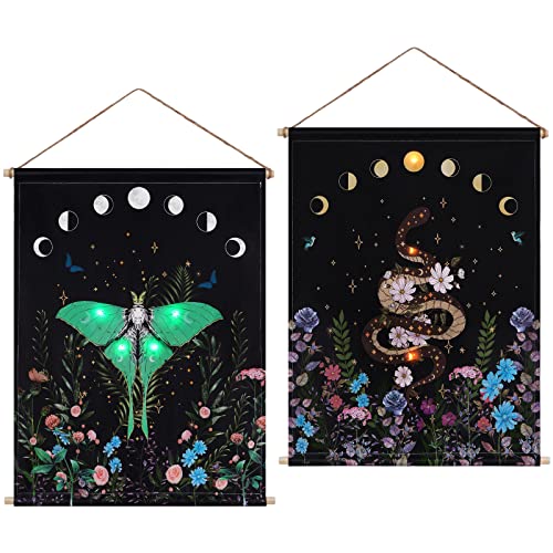Lyacmy 2 Piece Lighted Canvas Wall Art Moth Led Prints Snake Painting Picture Glitter Floral Wall Decor Artwork Moon Phase Poster Prints For Room,15 X 20 Inches #TOP18