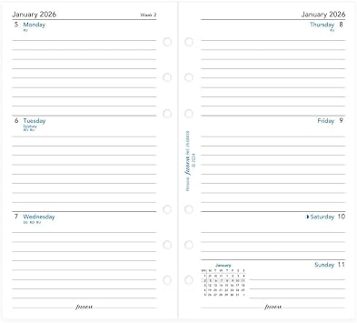 Filofax Calendar Diary Refill, Personal/Compact Size, Week-to-View, White Paper, Ruled, English, 2026 C68418-26