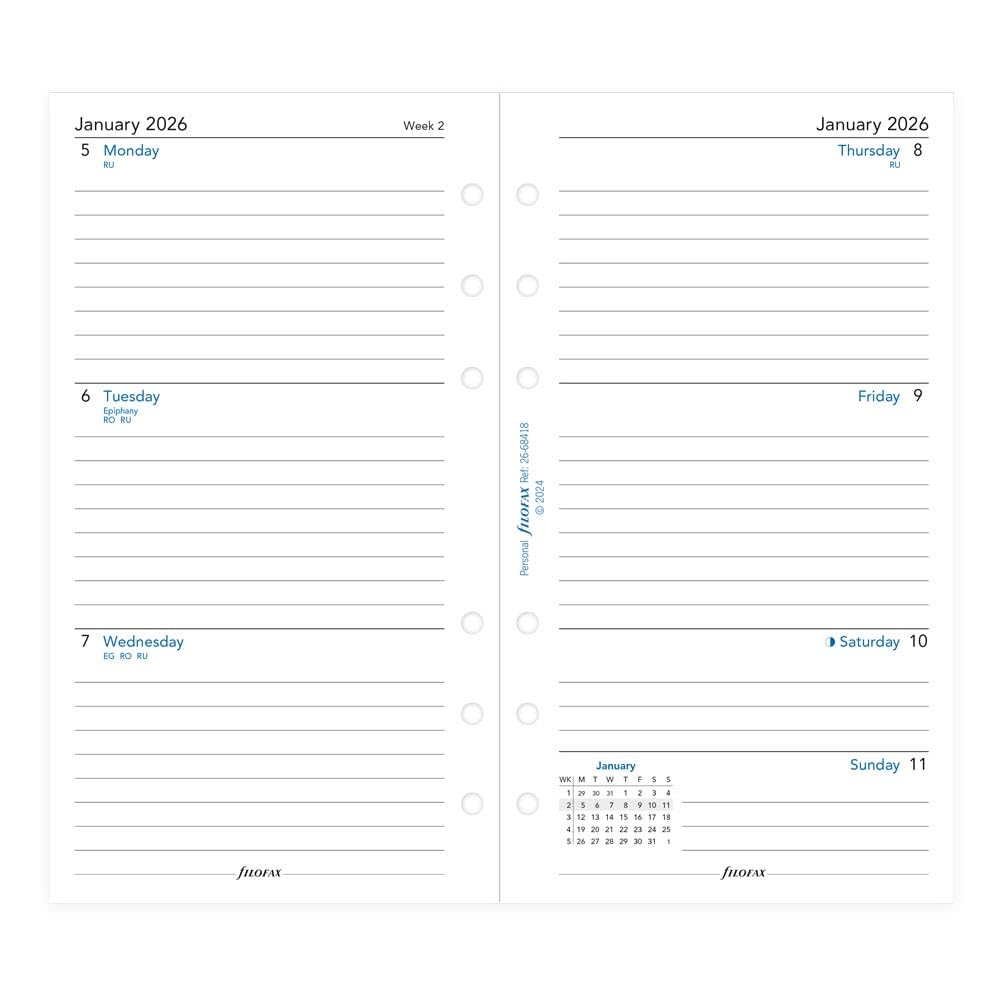 Filofax Terminplaner 2026, 1 Woche auf 2 Seiten, liniert, englisch, 9,5 x 17,1 cm