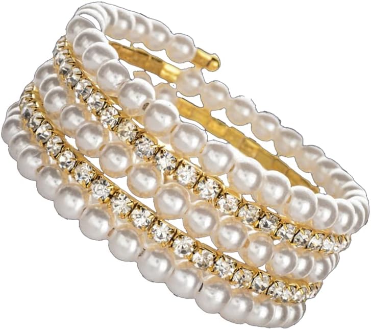 COLORFUL BLING Chunky Imitation Pearl Bracelet for Women Multi Row Layered Crystal Rhinestone Stackable Wrap Open Cuff Bangle Bridal Wedding Jewelry - Image 2