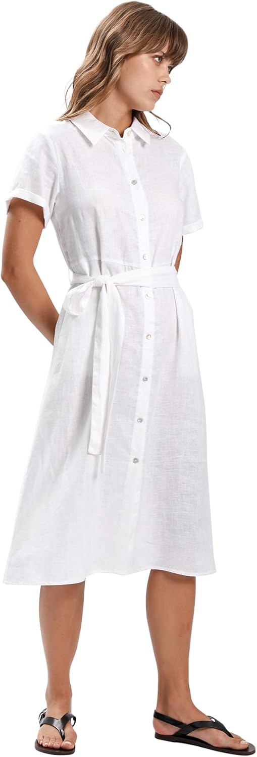 Amazhiyu Women's 100% Linen Summer Casual Loose Button Down Midi Shirt Dresses