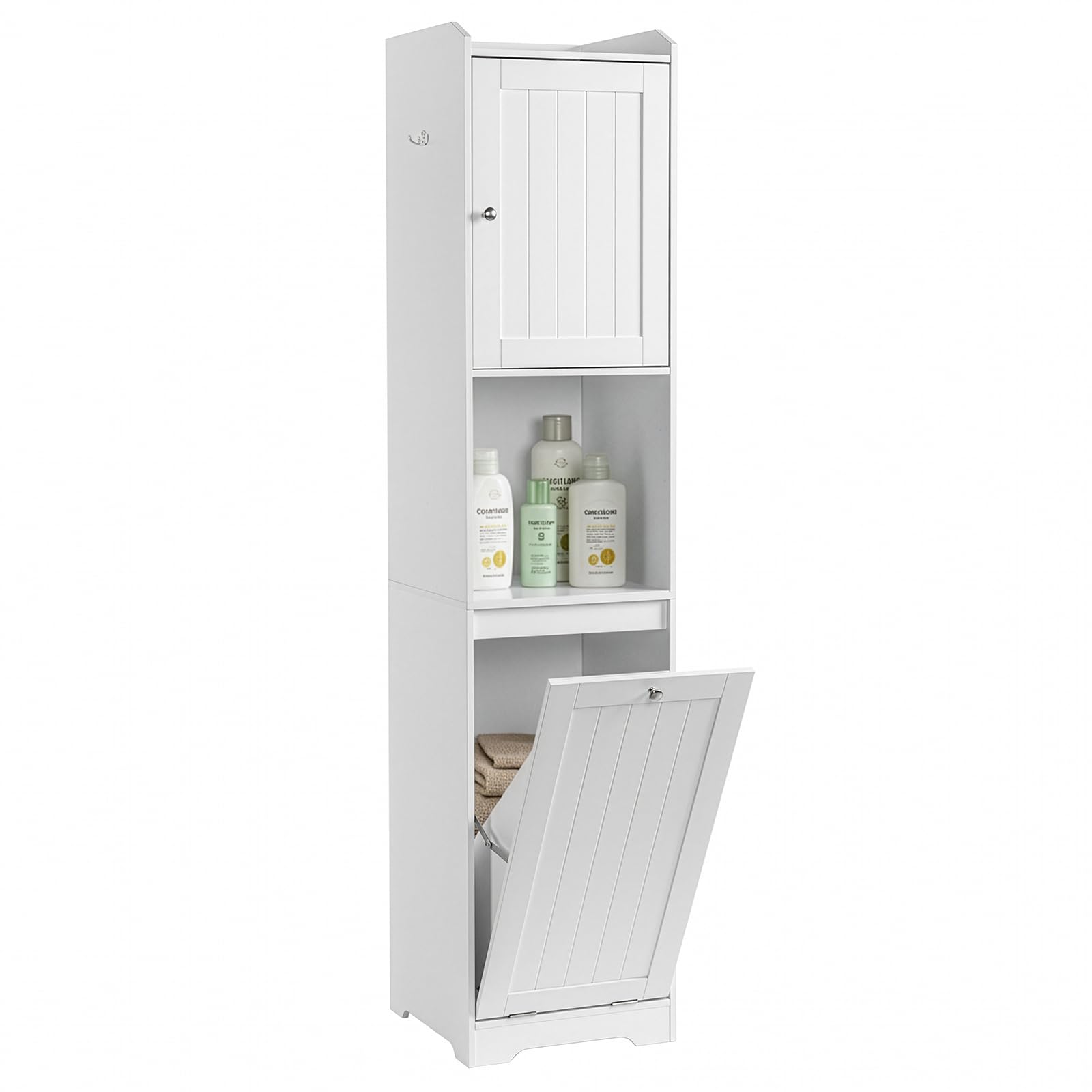 LEADZM Badezimmerschrank, Lagerschrank Aufbewahrungsschrank | Badschrank hoch mit 1 Tür, 1 Klappdeckel-Schublade, 1 offenen Fächern für Badezimmer Wohnzimmer, Esszimme, 40 x 40 x 180 cm