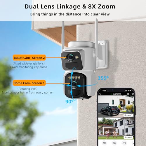 Kurain 6MP Solar Security Camera Wireless Outdoor, Fixed & Rotating Dual Lens 2-in-1 Home Security Camera with Color Night Vision, Auto Tracking, Human Detection, Spotlight Siren, 2.4g WiFi, 360°PTZ - Thumbnail 2