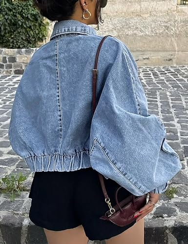Qazel Vorrlon Womens Oversized Cropped Denim Jacket Zip Up Light Wash Blue Bomber Shacket Jean Jacket for Women Trendy 20252