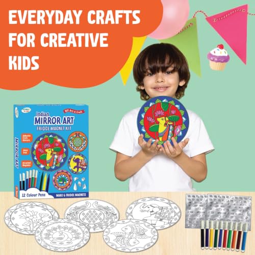 Image of SparkLPlay DIY Indian Mirror Art for Kids. Coloring Set with - 6 Magnetic Cutouts,12 Color Pens & 100+ Mirror Stickers. Creative Art & Craft. Mess Free. Gifts for Kids.