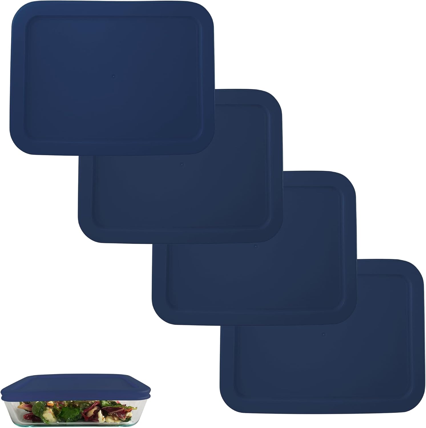 Klareware 3 cup Rectangle Plastic Food Storage Replacement Lids Covers for Klareware and Pyrex 7210-PC Glass Bowls (Container not Included) (4 Pack - Navy)