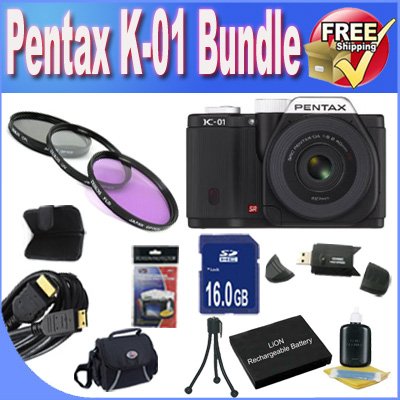 Pentax K-01 16MP APS-C CMOS Compact System Camera With 18-55mm and 55-200mm Lens (Black) + Battery + 16GB SDHC Card + USB Card Reader + Accessory Kit