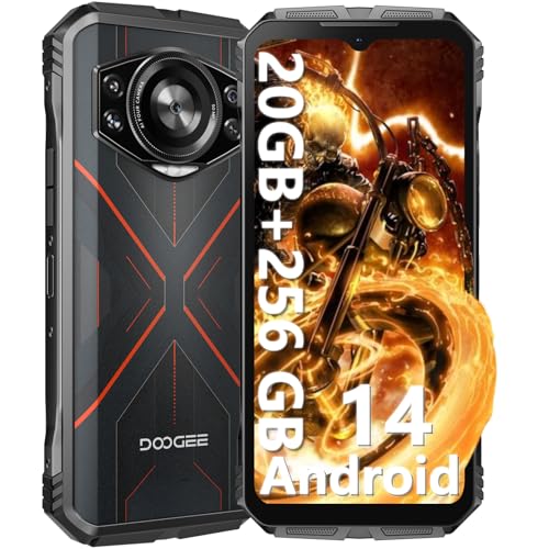 DOOGEE S Cyber Téléphone Portable Incassable Android 14, 10800mAh, 20Go+256Go/1To, Smartphone Incassable 6.58 Pouces FHD+ Écran 50MP AI Caméra, Double SIM/Octa Core/IP68/IP69K/NFC/GPS/OTG, Noir Rouge