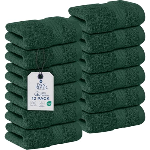Image of DAN RIVER 12-Pack Premium 100% Cotton Huntergreen Face Towels for Bathroom - Reusable Face Wash Cloths for Showering 12x12 Inches - 550 GSM Super Soft & Absorbent Luxury WashCloths for Body, Spa & Gym