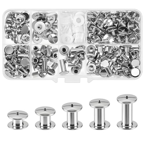 Szaboviktoria 100 Set Argento Rivetti Per Cuoio M5×4/6/8/10/12mm, Vite di Chicago, Viti per Rilegatura Rivetti, Per Libri Fai Da Te, Pelle