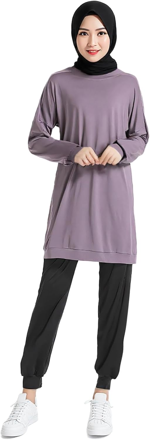 Womens Muslim Tracksuit Set Solid Crew Neck Sweatsuits with Pockets Plain Islamic Athletic Sportswear