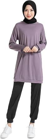 Womens Muslim Tracksuit Set Solid Crew Neck Sweatsuits with Pockets Plain Islamic Athletic Sportswear