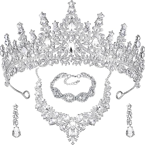 Inbagi 4 Pcs Quinceanera Crowns Costume Jewelry Sets Bride Wedding Crystal Queen Crowns Rhinestone Necklace Dangle Earrings Link Bracelet Set (Silver)