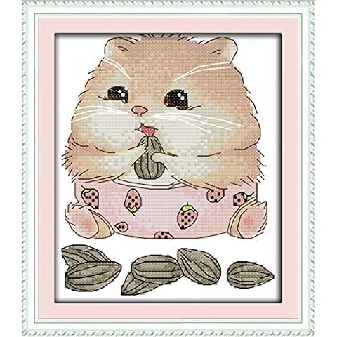 Cross Stitch Kits Stamped, OWN4B A Hamster Eating Melon Seeds Printed Pattern 11CT 8.7x9.8 inch DIY Embroidery Kit (Hamster) Cover