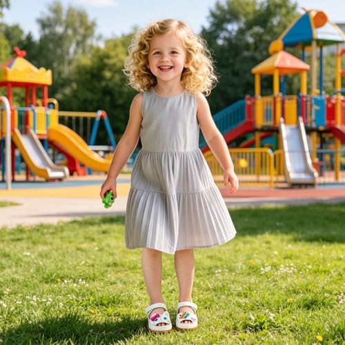 Image of Toddler Girl Sandals with Flower, Breathable Leather kids Closed Toe Sandals, Soft Rubber Non-Slip Summer Shoes for Little Girls 2-7 Years