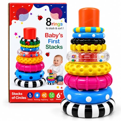 Image of GRAPHENE 8 Stacking Ring Game Toy for Babies 6+ Months STEM Learning Circle Rattle Sound Educational Colour Recognition Brain Development Montessori Fine Motor Skills Birthday Gift Boys Girls Kids