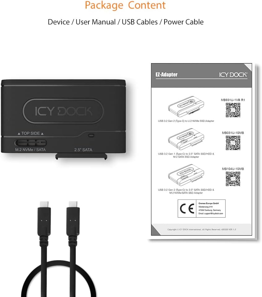 ICY DOCK USB 3.2 Gen 2 10Gbps to 2.5" SATA SSD/HDD & M.2 NVMe/SATA SSD External Reader Adapter | EZ-Adapter MB104U-1SMB