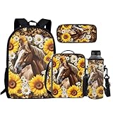 JEOCODY Mochila infantil de cavalo, conjunto de mochila escolar de girassol com lancheira e suporte de garrafa para adolescentes, meninos e meninas, conjunto 4 em 1