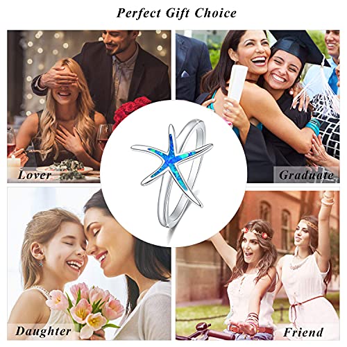 Cuoka Starfish Rings For Women, 925 Sterling Silver With Blue Opal Promise Rings Hawaiian Beach Nautical Ocean Statement Fidget Ring Jewelry Birthday Gift For Girl Friend Wife - Size 7 #TOP6