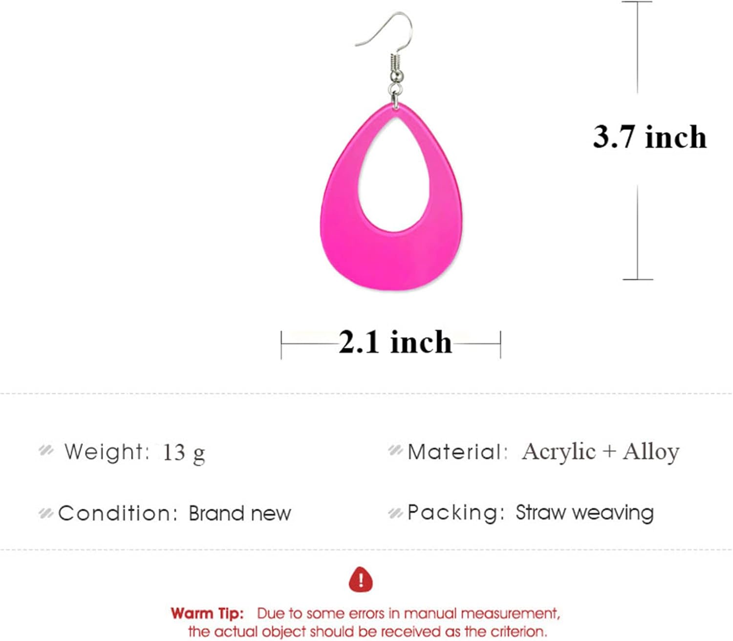 Oval Neon Earrings for Women Unique Retro Acrylic Lightweight 70s 80s 90s Teardrop Hollow Dangle Drop Statement Earrings 1980's Halloween Outfit Party Costume Accessories - Image 4