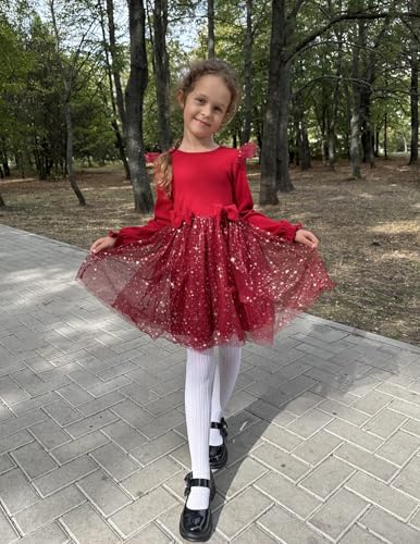 Image of Arshiner Toddler Girls Tulle Dresses with Bow Tie Fall Winter Long Sleeve Formal Party Dress 1-7 Y