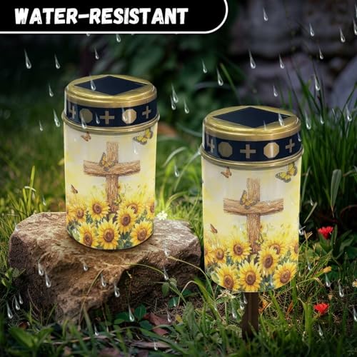 Image of Solar Lights Outdoor Waterproof Cross Sunflower Print Cemetery Garden Lights for Grave Flameless Lamp Candles for Outdoor Decoration