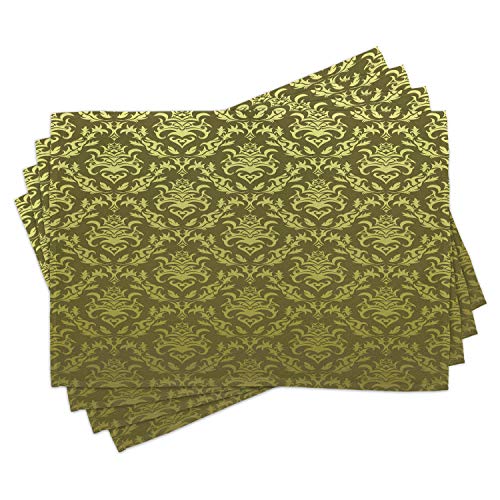 Lunarable Damask Place Mats Set of 4 Victorian Floral Pattern with Petals Rococo Style Vintage Design Washable Fabric Placemats for Dining Room Kitchen Table Decor Army Green