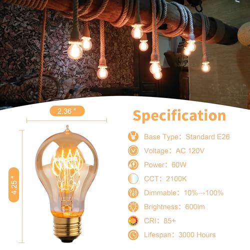 image for runquiz Warm Incandescent Light Bulbs 60 Watt,A19/A60 Vintage Style Ed