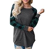 Rambling Womens Raglan Shirts Long Sleeve Crew Neck Plaid Sweatshirts Fall Tunic Casual Tops Green