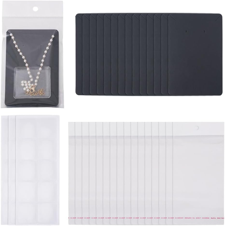 Handship Necklace Jewelry Packing Kits 30Pcs Necklace Earring Display Cards with 30 Sheets Plastic Adhesive Pouches and 30Pcs Cellophane Bags, Small Jewelry Card Holders, Black