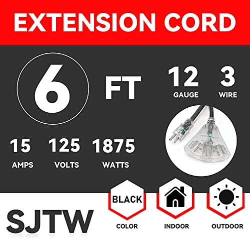 Greatide 6 Ft Lighted Outdoor Extension Cord With 3 Electrical Power Outlets - 12/3 Sjtw Heavy Duty Black Extension Cable With 3 Prong Grounded Plug For Safety, Ul Listed #TOP1