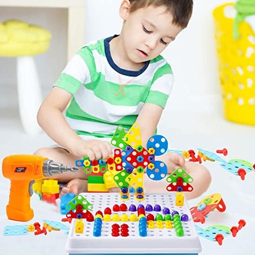 Electric Drill Toy Set 4 in 1 Creative Puzzles Assembly DIY Toy Construction Building Toy with Electric Drill Screwdriver Peg Board Mosaic Toy Educational Construction Set for Kids Boys Girls (193pcs)