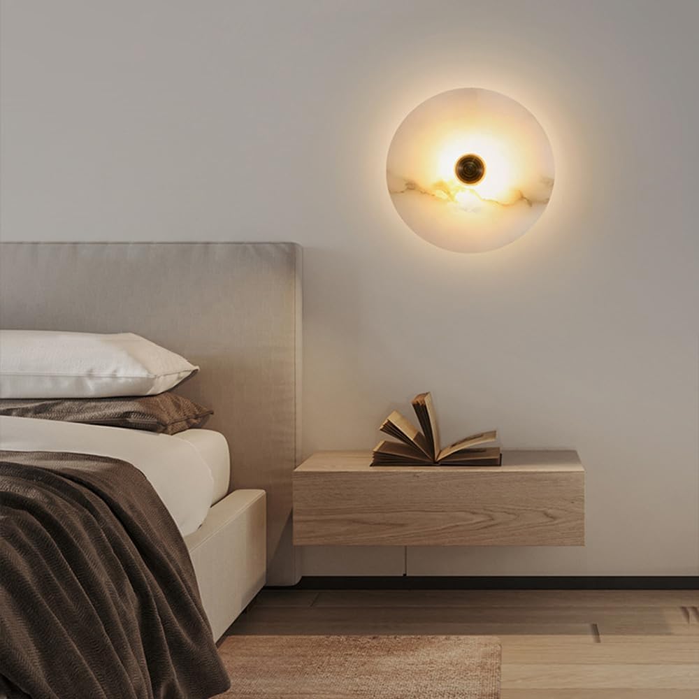 Sconce with Marble Shade, Nordic Simple Round Interior Alabaster Wall Lamp, Warm Light 3000K Vanity Hardwired Wall Lighting, Minimalist Wall Light for Bedroom, Living Room (Black, L)